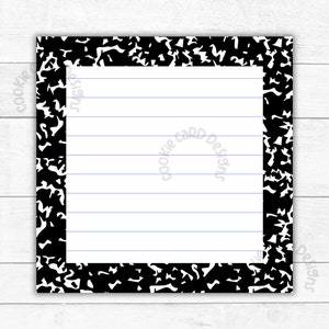 May include: A black and white notebook paper frame with a lined interior. The frame has a speckled pattern and the text "Cookie Card Designs" is visible in the center.