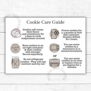 Cookie Care Guide Cards -  Printable Cookie Packaging for Big Bakery Cookies - Shelf Life & Care - Cookie Customer Instruction Cards