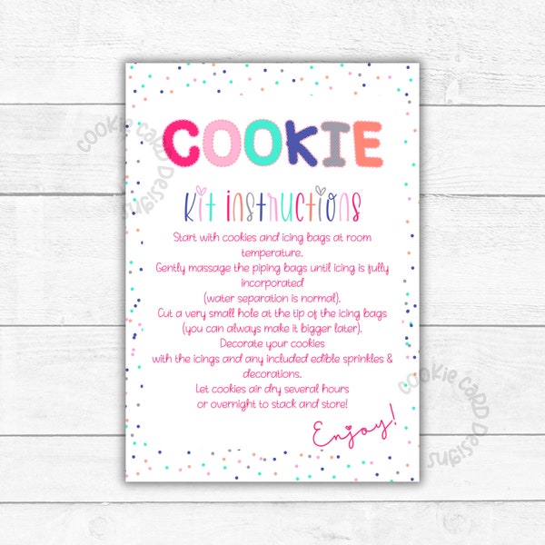 Cookie Kit Instruction Cards  3.5" x 5" Printable Royal Icing DIY Cookie Kit Instruction Cards - How To Decorate Sugar Cookie - All Occasion