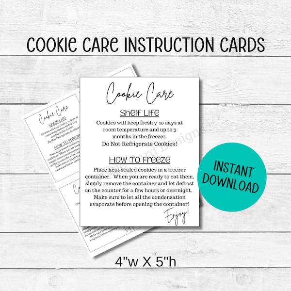 Freezing Cookies Instruction Care Cards - 4" x 5" Cookie Storage/Shelf Life Cards - 4 Per Page Instant Download Printable Cookie Packaging