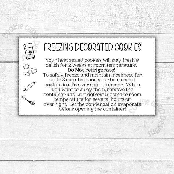 Freezing Instruction Cards -Small Business Card Size 3.5" X 2"  Instruction Cards for Freezing Your Custom Decorated Cookies