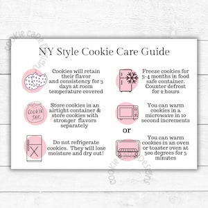 Kaarten met onderhoudsinstructies voor koekjes in NY-stijl - roze afdrukbare insteekkaarten voor koekjes - grote instructiekaarten voor het onderhoud van koekjes