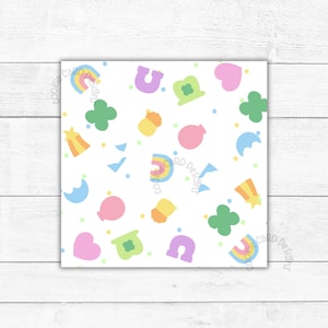 Könnte beinhalten: Ein weißer Hintergrund mit einem sich wiederholenden Muster von Grafiken zum Thema St. Patrick's Day. Das Muster umfasst Regenbogen, Hufeisen, Kleeblätter, Sternschnuppen und Ballons in Pastellfarben. Kleine Punkte und andere Formen füllen die Zwischenräume.