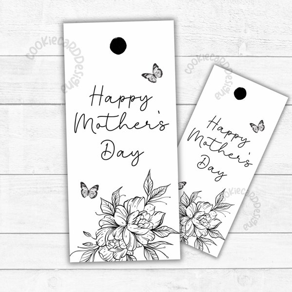 Mother's Day Gift Tags -  SKINNY 1.5" X 3.25" Printable Gift Tags - Black and White Floral Gift Tag