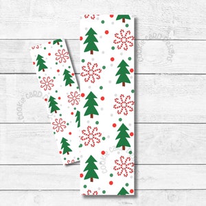 May include: Two rectangular bookmarks featuring a white background with a repeating pattern of green Christmas trees, red and white striped candy canes arranged in circular shapes, and small red, green, and grey polka dots throughout.