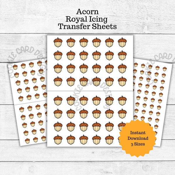 Acorn Royal Icing Transfers Sheets - 3 Sizes - Instant Download - Fall Edible Decoration Guide to use for Cookies Cakes Cupcakes Chocolates