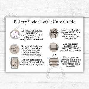 Bakery Style Cookie Care Guide Cards -  Printable Cookie Packaging Inserts - Big Cookie Care Instruction Cards