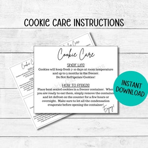 Freezing Cookies Instruction Care Cards - 5&quot; x 4&quot; Cookie Storage/Shelf Life Cards - 4 Per Page Instant Download Printable Cookie Packaging