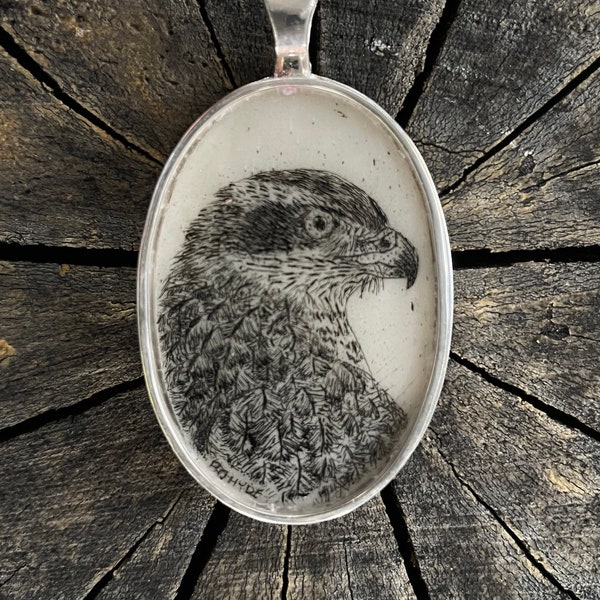 Custom Sterling Silver Goshawk Scrimshaw Pendant