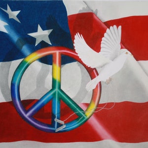 PeaceFlag, Digital download print, Dove, USAFlag, Peace sign, Wall art
