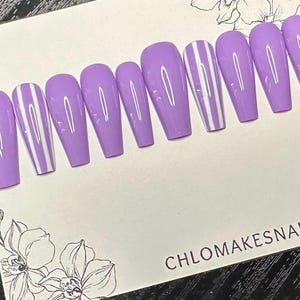 SIZE LARGE - Long Coffin Light Purple with White Stripes Press On Nails - Size L - Purple Stripe Long Coffin Press On Nails - Stripe Nails