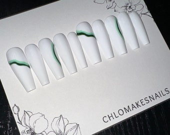 SIZE SMALL - Long Coffin White and Green Swirl Press On - Size S - White and Green Nails - White and Green Swirly Long Coffin Nails