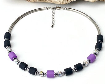 Necklace, Necklace, Polaris Rollers with Rhinestone Beads, Hematite, Stainless Steel Clasp Necklace, Black Purple