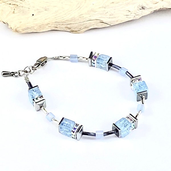 Armbänder, Perlenarmbänder, Glas Würfel Crackle Glas, Hämatit, Edelstahl Verschluss  Eisblau