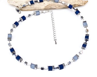 Halskette, Kette, Polaris Würfel Set, Hämatit, Edelstahl Verschluss Collier blau