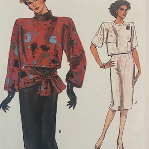 Vintage Vogue 9465, Loose fitting back button Crop Top & Pencil/straight Skirt with hip wrap sash Size 6-10 1980s pattern Uncut FF