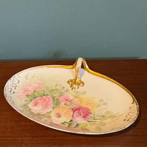 Antique William Guerin & Co Limoges France Porcelain 10" Hand Painted Pink Rose Tray Platter