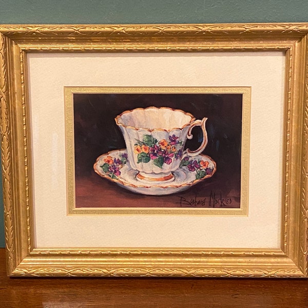 Vintage Barbara Mock Tea Cup and Saucer Matted and Framed Print - Viola Bouquet