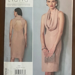 May include: A sewing pattern for a sleeveless dress with a cowl neck and a keyhole back. The pattern is for sizes 4-6-8-10-12 and is from the Lialia by Julia Alarcon collection. The pattern is for Vogue Patterns American Designer.