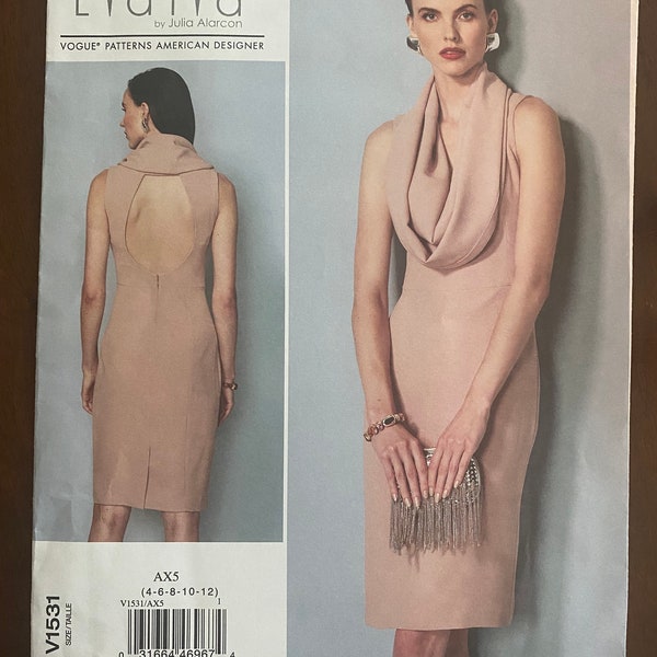 Vogue V1531 American Designer Lialia Close fitting lined dress has deep cowl, front Princess seams on bodice open back Sz 4 - 12, FF Uncut