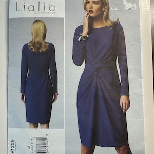 May include: A sewing pattern for a dress with a twist detail at the waist. The pattern is for sizes 6-8-10-12-14 and is from the Lialia brand by Julia Alarcon.