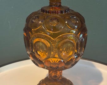 Vintage LE Smith Moon and Stars Amber Glass 8" Pedestal Lidded Candy Dish Compote