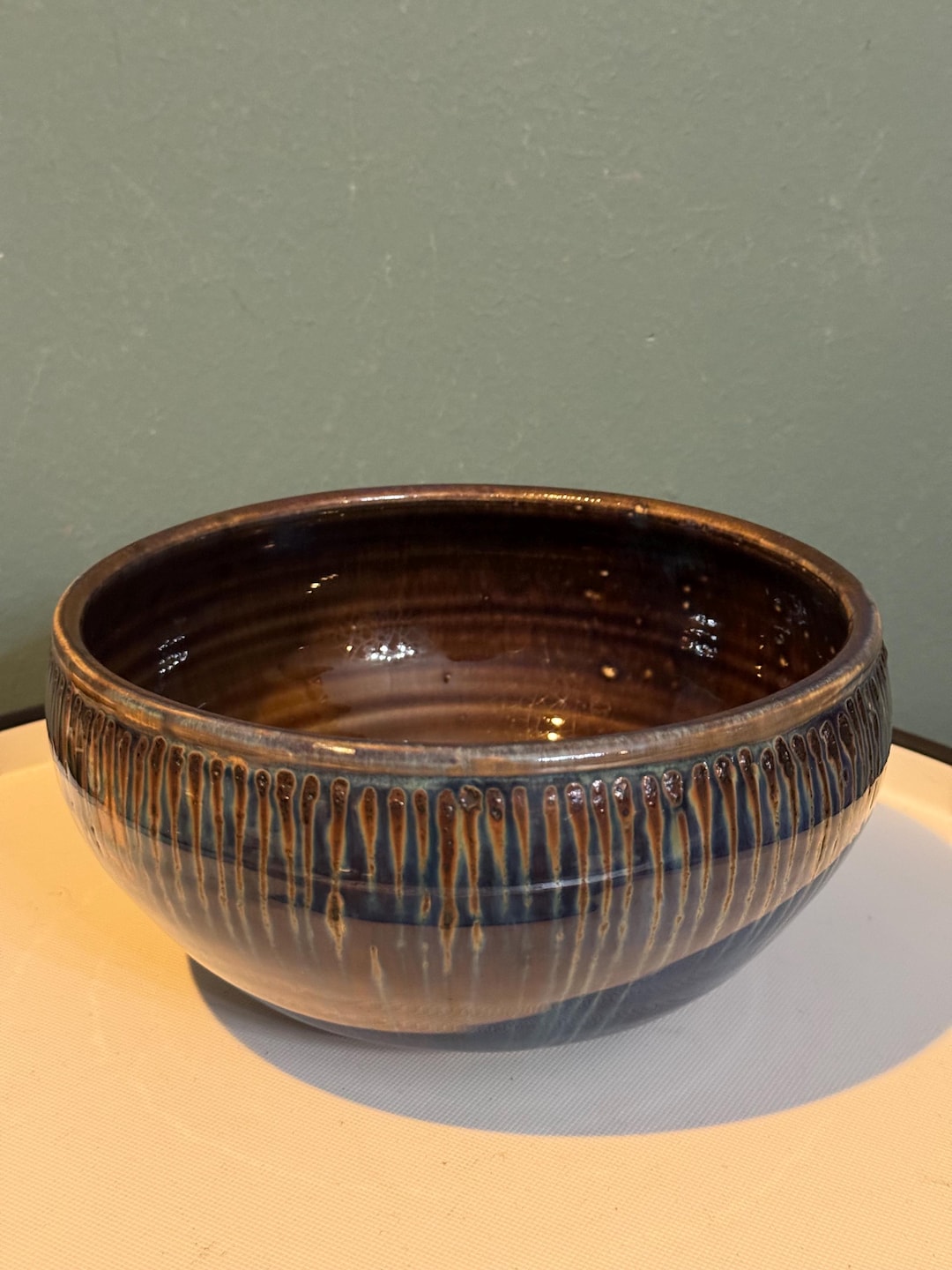 Studio Art Pottery 7” BOWL Blue Brown Drip Glaze, Signed REB and Dated ...