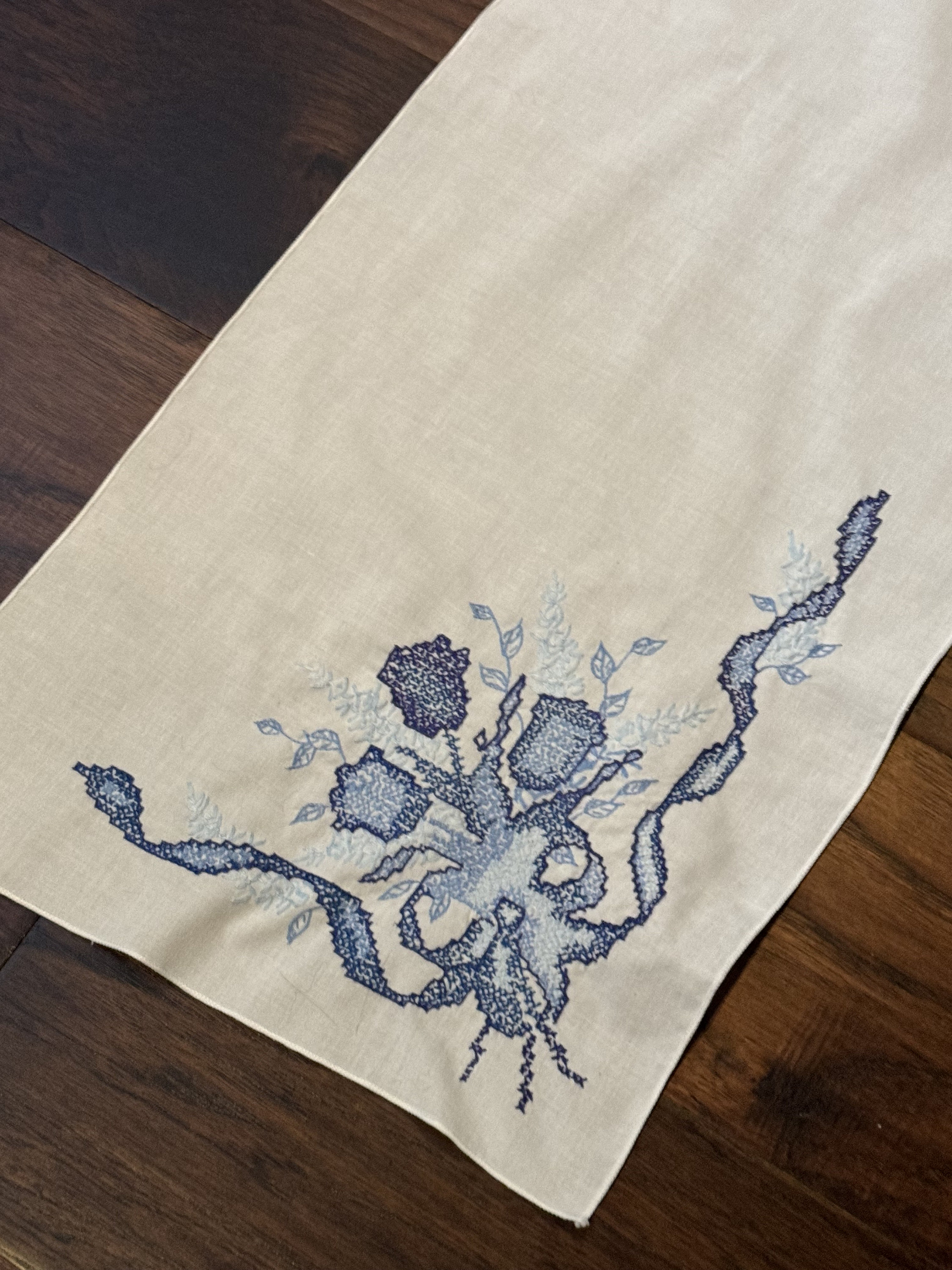 Vintage Table Runner Floral Embroidery Blue Flowers 13.5x 42 Retro ...
