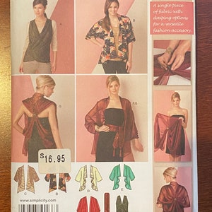 May include: Simplicity sewing pattern number 1588A, easy-to-sew, a single piece of fabric with draping options for a versatile fashion accessory. The pattern includes instructions for making a variety of styles, including a shawl, a wrap, and a cardigan.