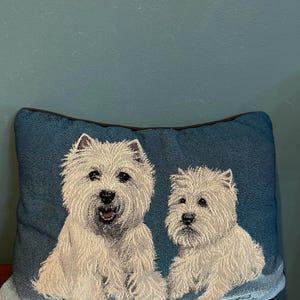 Linda PICKEN Tapestry Pillow Two Westies West Highland White Terrier Dogs, Black Cotton Back, 11”x16”