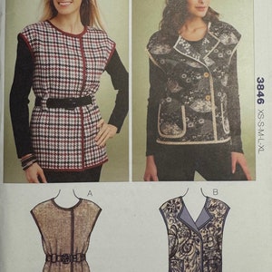 May include: A sewing pattern for two sleeveless vests. The first vest is a houndstooth pattern with a black belt. The second vest is a floral pattern with a blue lining and a pocket. The pattern number is 3846 and the sizes are XS-S-M-L-XL.