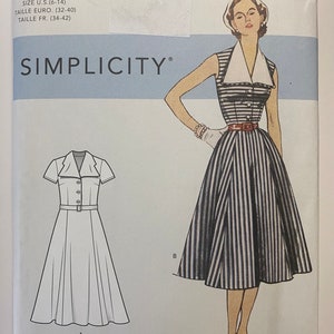 Vintage Simplicity S9105 Misses&#39; vintage dresses with detachable collar, button front and self-belt with buckle, Sizes 6-16, UNCUT