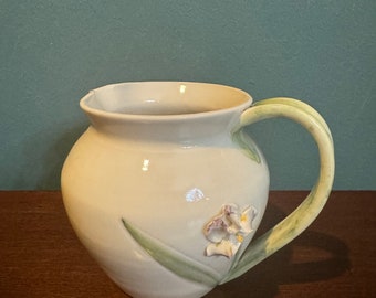 Vintage Studio Art Pottery Ceramic Pitcher Creamer Purple 3D Lily Or Iris Sculpted and Signed, 1983