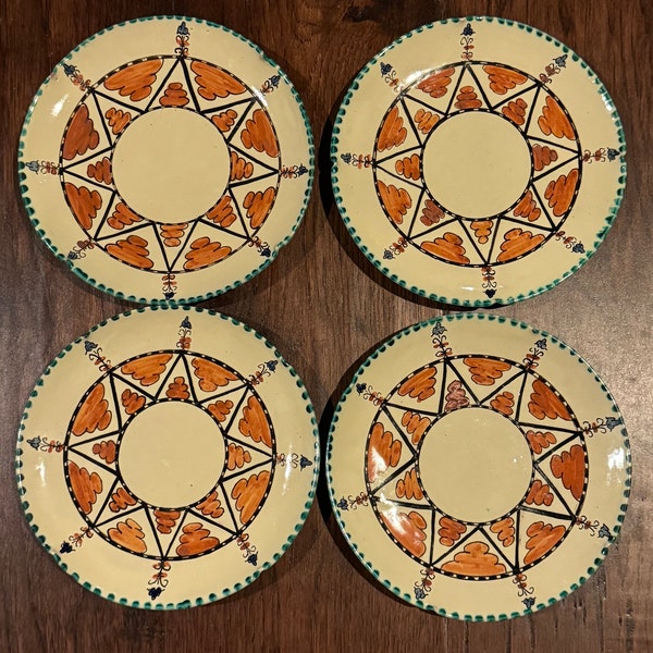 Vintage Set Of 4 Orvieto Italian Pottery Plates, yellow with orange and green Italy