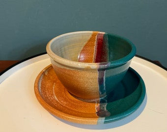 Bol à soupe ou à trempette en poterie WALT GLASS Studio Art, glaçage goutte à goutte avec assiette inférieure n° 2