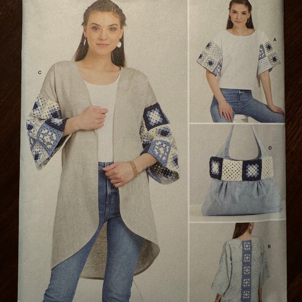 Simplicity S9633 Misses' Crochet Granny Squares and Sew Top, Jacket and Bag, Sizes XS - XL, UNCUT
