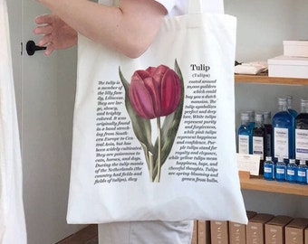 Tulip Flower Tote bag Vintage Cotton tote bag for Women Shoulder tote Book tote bag handle Canvas Printed Floral tote Botanical Wildflowers