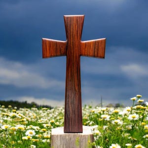Puede incluir: Una cruz de madera con un acabado marrón oscuro se alza contra un cielo azul nublado. La cruz está rodeada de un campo de margaritas blancas.