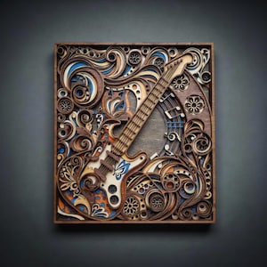 May include: A wooden, layered art piece featuring a guitar design. The guitar is light-colored with blue accents, set against a backdrop of swirling, layered patterns in shades of brown, orange, and blue. The artwork is framed in a dark wooden border.