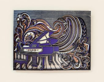 May include: A layered wooden art piece featuring a purple grand piano with a matching stool. The piano is set against a backdrop of swirling, layered designs in shades of purple, brown, and white, creating a dynamic visual.