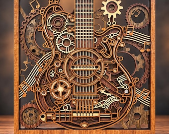 May include: A square wooden wall art piece featuring a layered, laser-cut design of an electric guitar integrated with mechanical gears and musical notes. The artwork uses various shades of brown wood to create depth, texture, and a complex, intricate pattern.