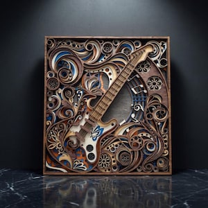 May include: A wooden, multi-layered wall art piece featuring a guitar design. The artwork is framed in a square, with intricate cut-out patterns and swirls in shades of brown, blue, and orange. The guitar is centered, with a detailed fretboard and body.