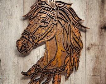 3D Wood Horse Wall Art: Layered Walnut, Cherry, Rosewood, Teak