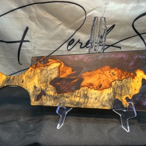 Buckeye Burl Charcuterie Board: Whale Tail Handle, Purple Blue Resin
