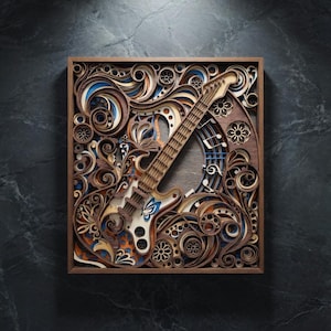 May include: A layered wooden art piece featuring a guitar design. The artwork incorporates intricate cutouts and swirling patterns in shades of brown, blue, and orange, set within a wooden frame. The guitar's body has a white and orange design.