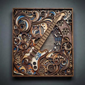 May include: A wooden layered art piece featuring an electric guitar design. The artwork incorporates swirling patterns, floral elements, and musical notes in shades of brown, blue, orange, and white, all within a square frame.