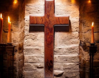 Puede incluir: Una gran cruz de madera con un acabado marrón oscuro, de pie contra una pared de ladrillo. La cruz está iluminada por la luz de las velas, creando un ambiente cálido y acogedor.