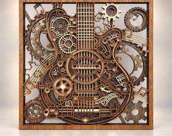 Four-Layer Steampunk Guitar Wall Art – 10 × 10 Inch Wood Hanging