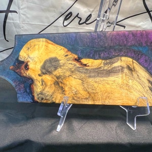 Buckeye Burl Charcuterie Board: Whale Tail Handle, Purple Resin