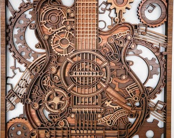 May include: A wooden wall art piece featuring a guitar design with a steampunk aesthetic. The artwork incorporates gears, musical notes, and intricate layered details in various shades of brown, set within a dark brown frame.